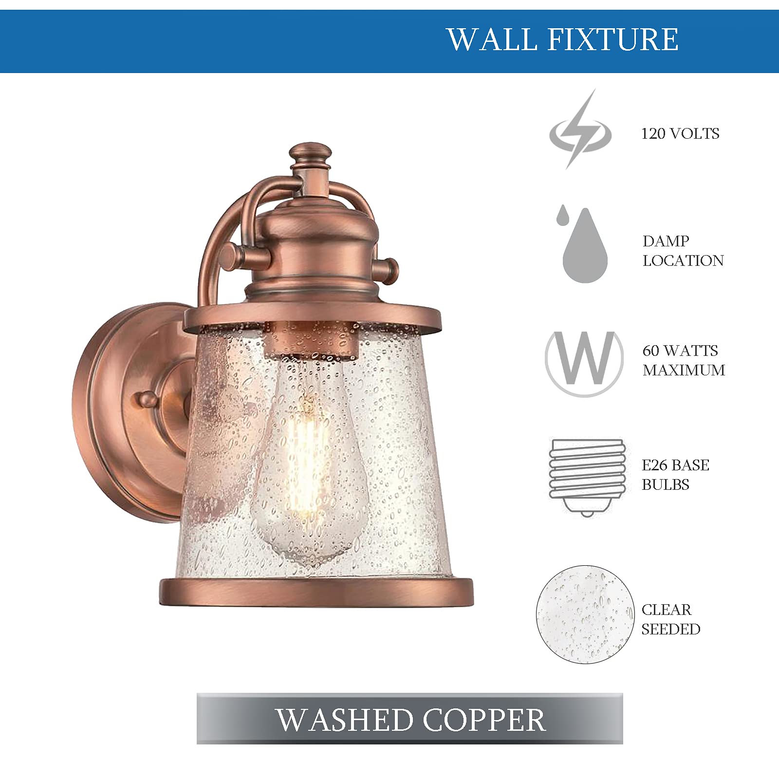 Ciata Lighting Outdoor Wall Mount Lantern Sconce - 2 Pack Weather Resistant Copper Light Fixtures with Clear Seeded Glass, 60W - Perfect for Porch, Patio, Garden & Entryway Lighting