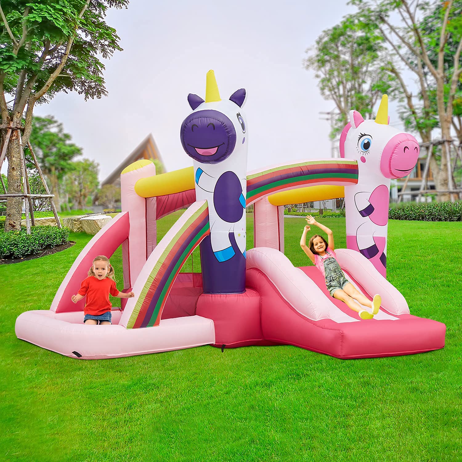 **Kinbor Inflatable Bounce House with Slide & Ball Pit - Kids Outdoor Play Castle for Birthday Parties, Backyard Fun, and Summer Activities (Pink)**