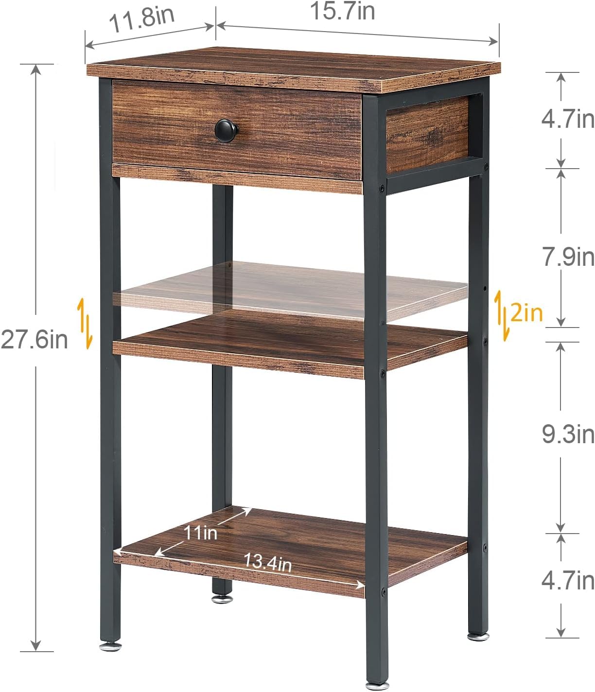 VECELO 2-Piece Tall End Table with Adjustable Shelf & Drawer - Nightstand for Small Spaces, Living Room & Bedroom Furniture - Brown Wood Side Table (Perfect for Studio Apartments, Dorm Rooms & Cozy Bedside Storage)