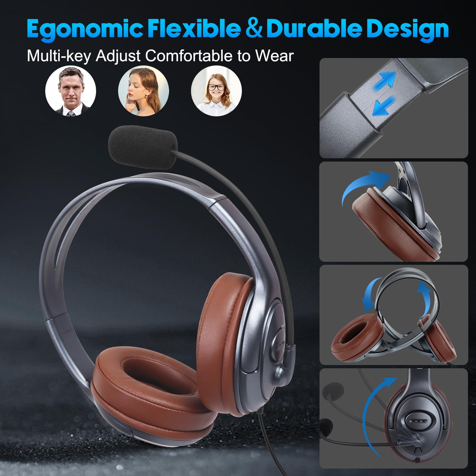 EMAIKER Gold USB Type C Headphones - Over Ear Office USB-C Headset with Noise Cancelling Mic & Volume Control - Compatible with Teams, Zoom, Google Meet, Skype - Perfect for Remote Work, Online Meetings & Dictation