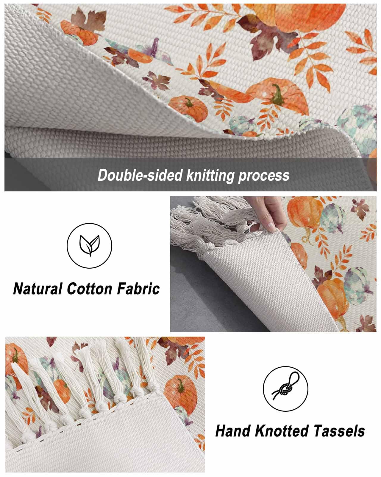 3x5ft Fall Orange Pumpkin Maple Leaf Harvest Runner Rug - Washable Woven Hallway Carpet with Tassels for Entryway, Kitchen & Laundry | Perfect for Autumn Decor, Farmhouse Style & Seasonal Home Accents