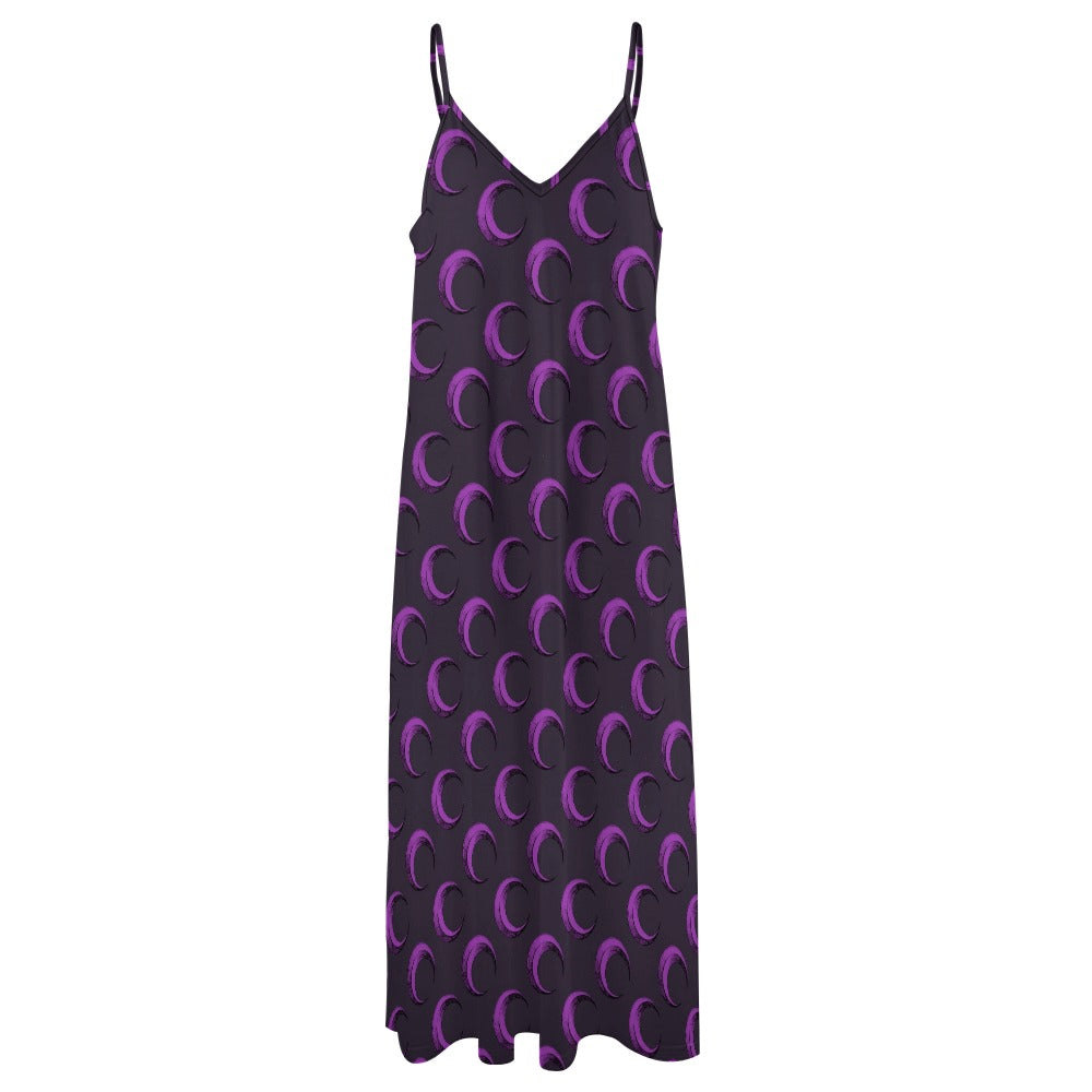 Elegant Purple Crescent Moon Print Ankle-Length Long Sleeve Dress for Women - Perfect for Boho Parties, Date Nights & Summer Festivals
