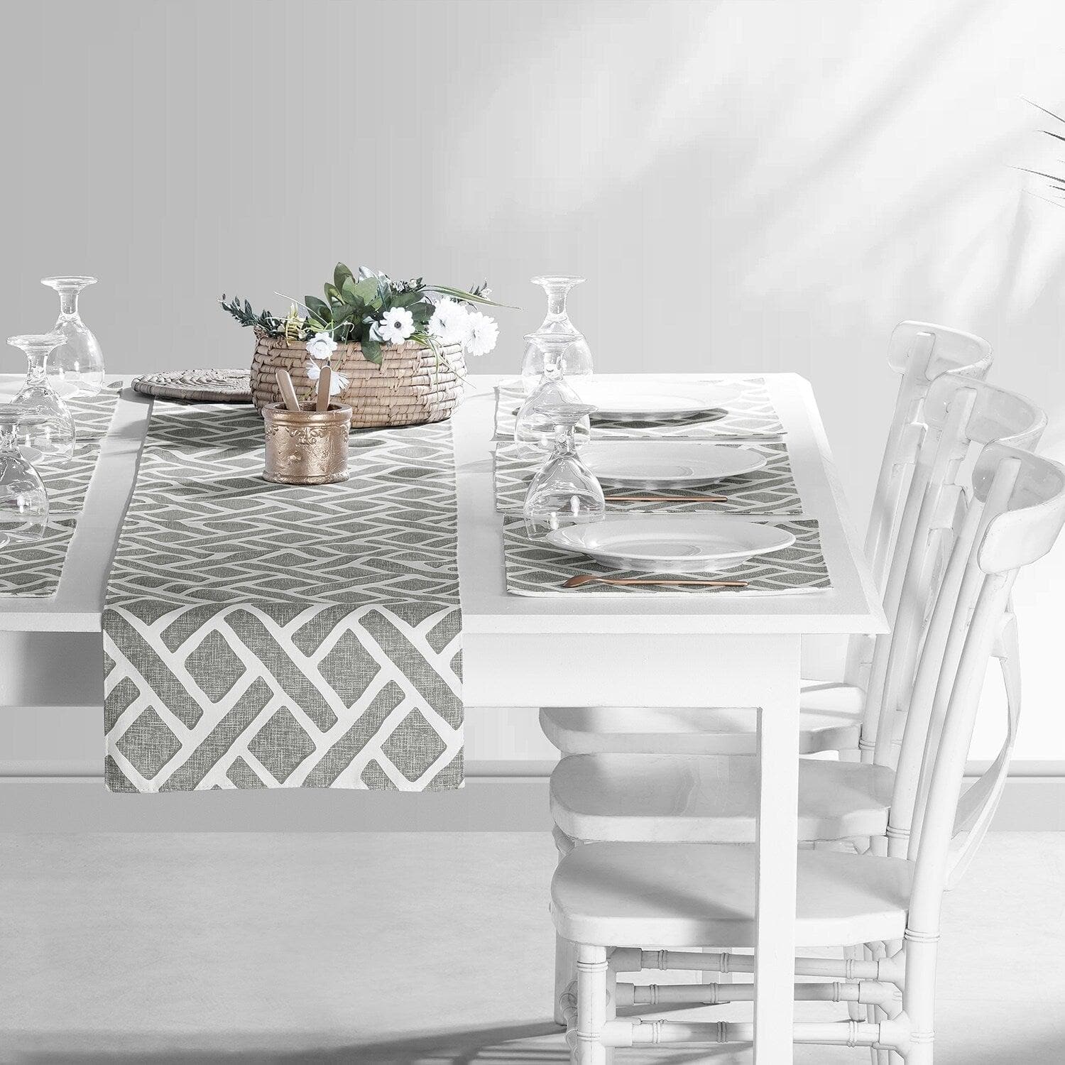 Martinique Grey Geometric Printed Cotton Table Runner & Placemats Set - Elegant Dining Table Decor for Thanksgiving, Christmas, and Dinner Parties