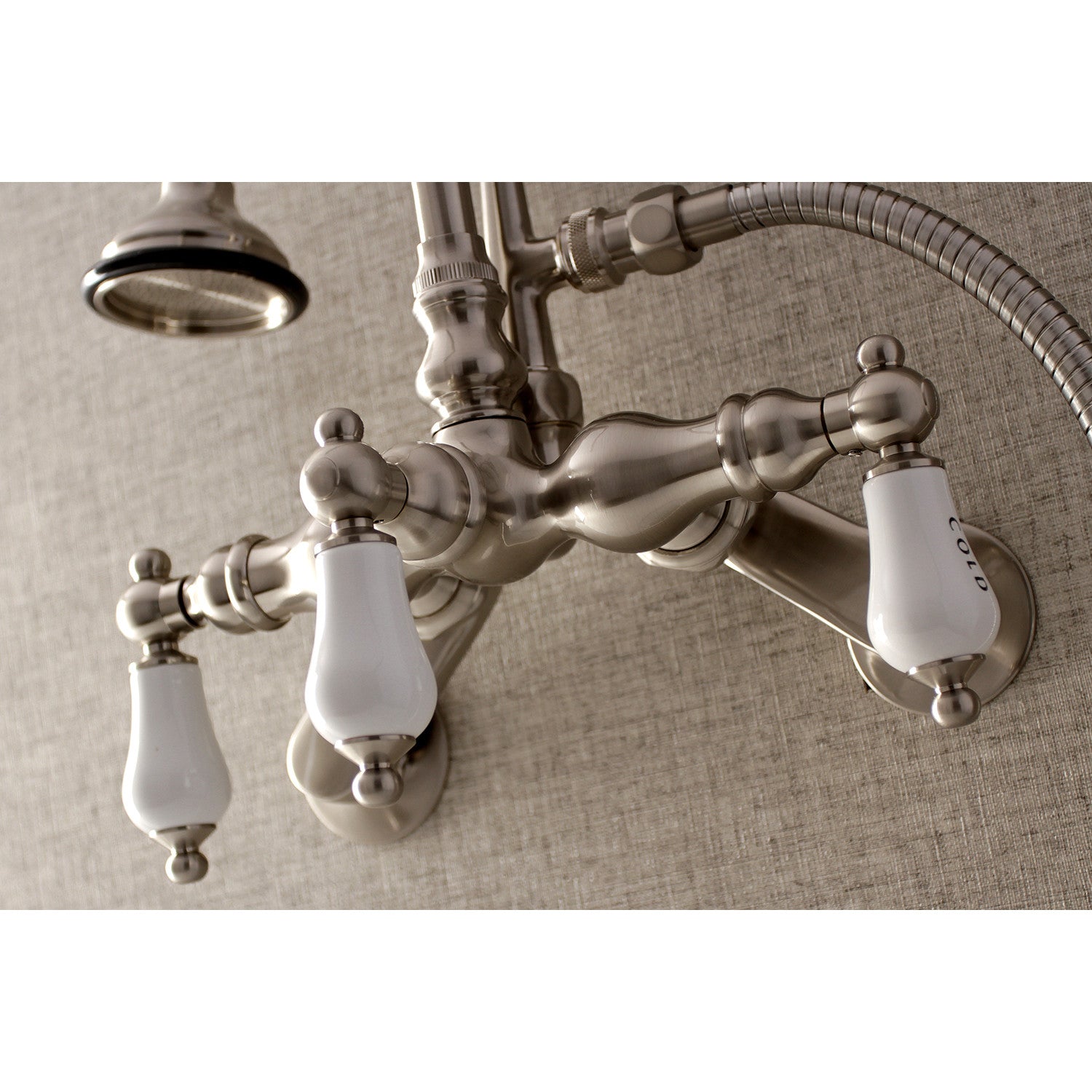 Vintage Clawfoot Tub Faucet with Hand Shower - 3 Handle Wall Mount 2 Hole Brushed Nickel Bathroom Fixture for Classic & Modern Bathrooms | Perfect for Spa, Soaking & Shower Experience
