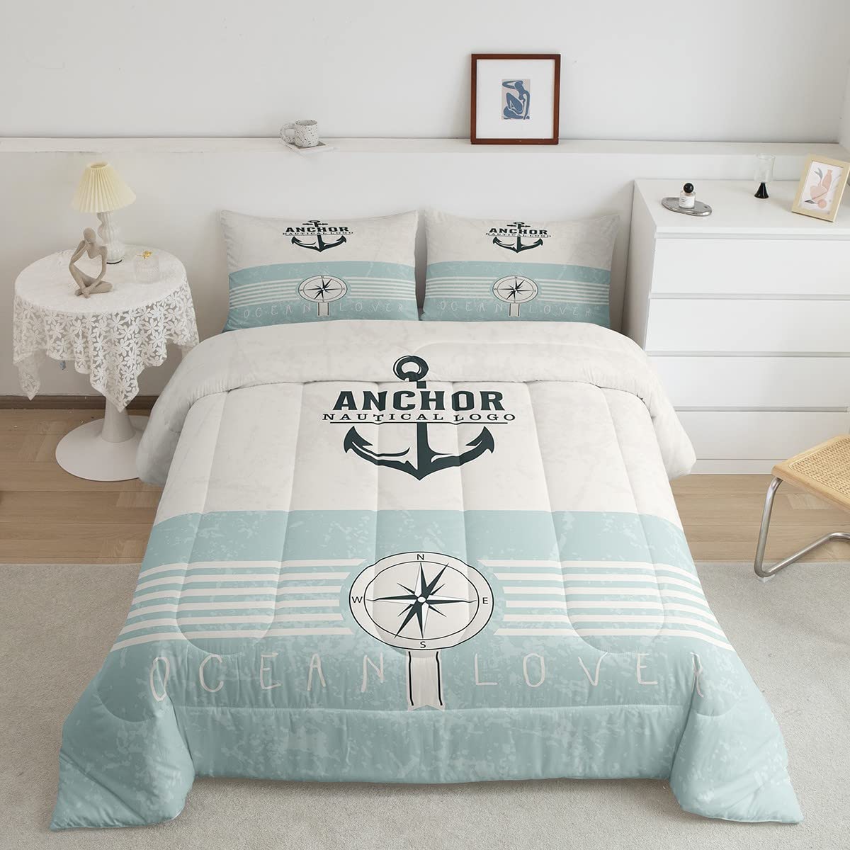 Nautical Anchor Printed Comforter Set for Teens - Twin Size 2-Piece Blue Ocean Theme Bedding with Quilted Duvet & Pillowcase | Perfect for Kids' Room Decor, Coastal Themed Bedrooms & Teen Dorm Essentials