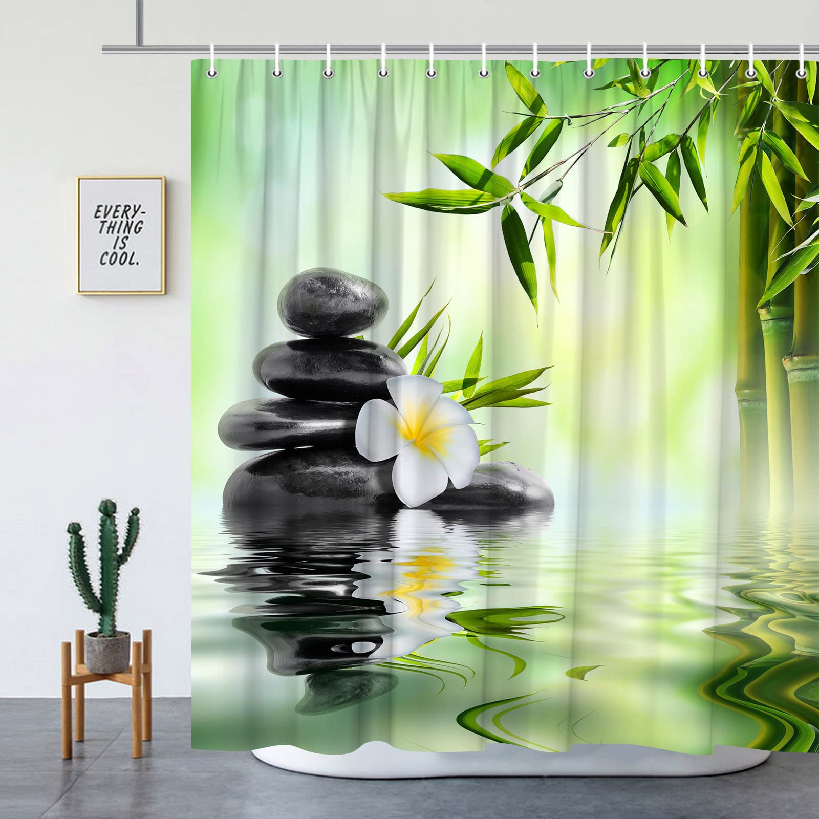 Zen Garden Shower Curtain - Green Bamboo Leaf & White Flower Design with Black Stone Water Landscape - Spa Themed Bathroom Decor - 70 x 70 Inch Cloth Hanging Curtain Set with Hooks - Perfect for Relaxing Baths, Meditation Spaces & Asian-Inspired Home Decor