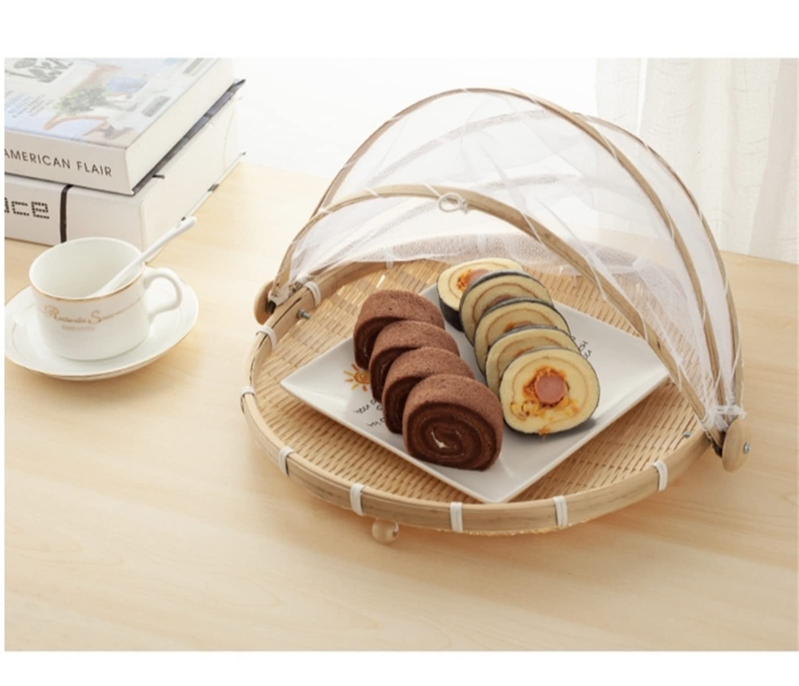 AGOUNOD Hand-Woven Bamboo Picnic Basket - Round Dustproof Food Serving Basket for Vegetables, Fruits & Bread | Perfect for Outdoor Picnics, Home Storage & Party Serving