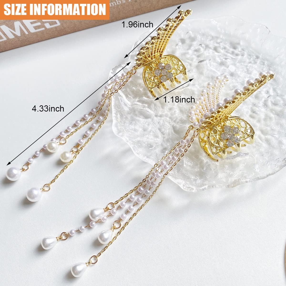 NAKAS Pearl Hair Clip for Women - Elegant Butterfly Claw Clip with Stone Accents, Metal Hair Clutcher for Wedding, Party & Everyday Use | Hair Accessories for Girls & Women