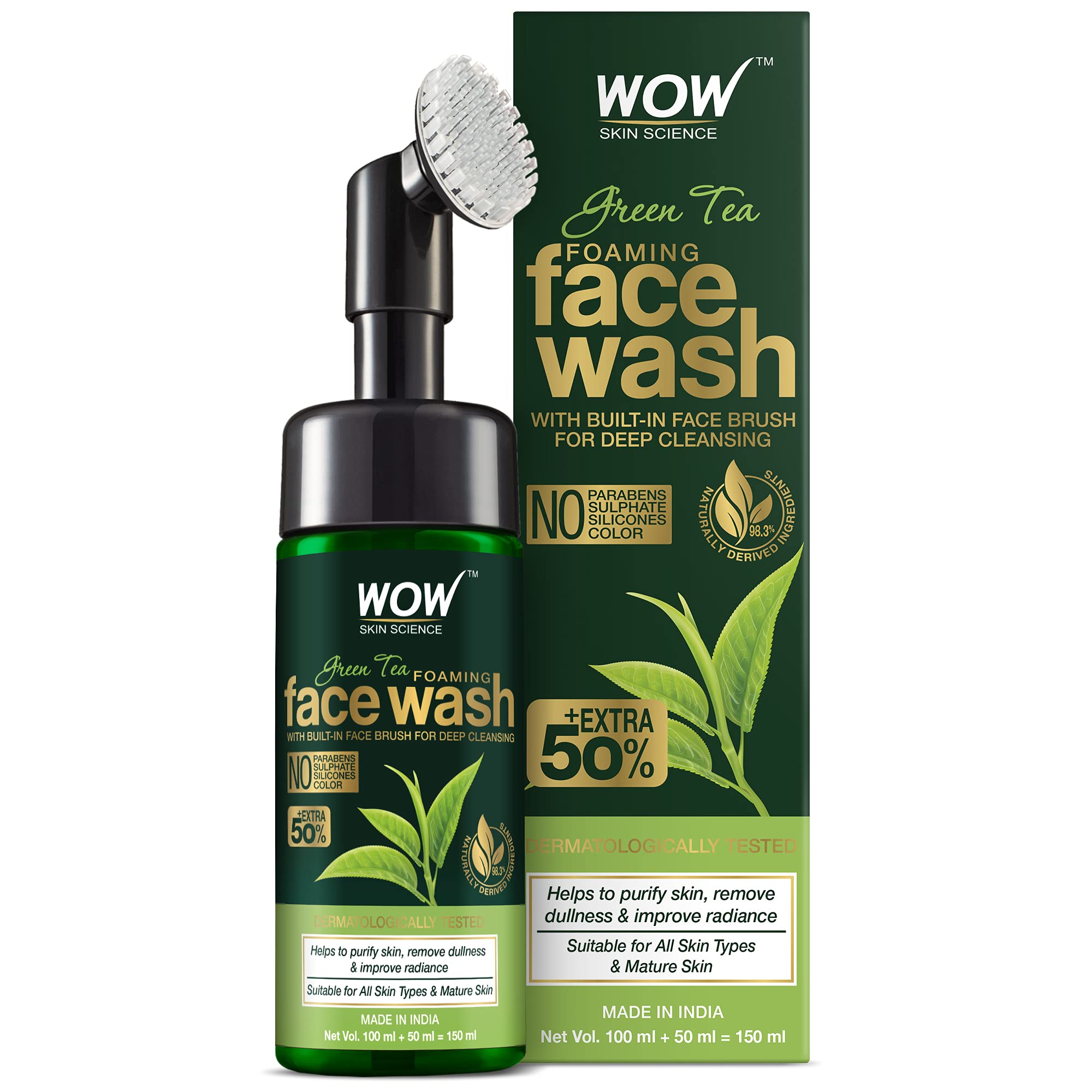 WOW Skin Science Green Tea Foaming Face Wash with Built-In Face Brush - Acne Treatment & Pore Cleanser for Clear Skin - 150mL | Daily Deep Cleansing for Oily & Combination Skin