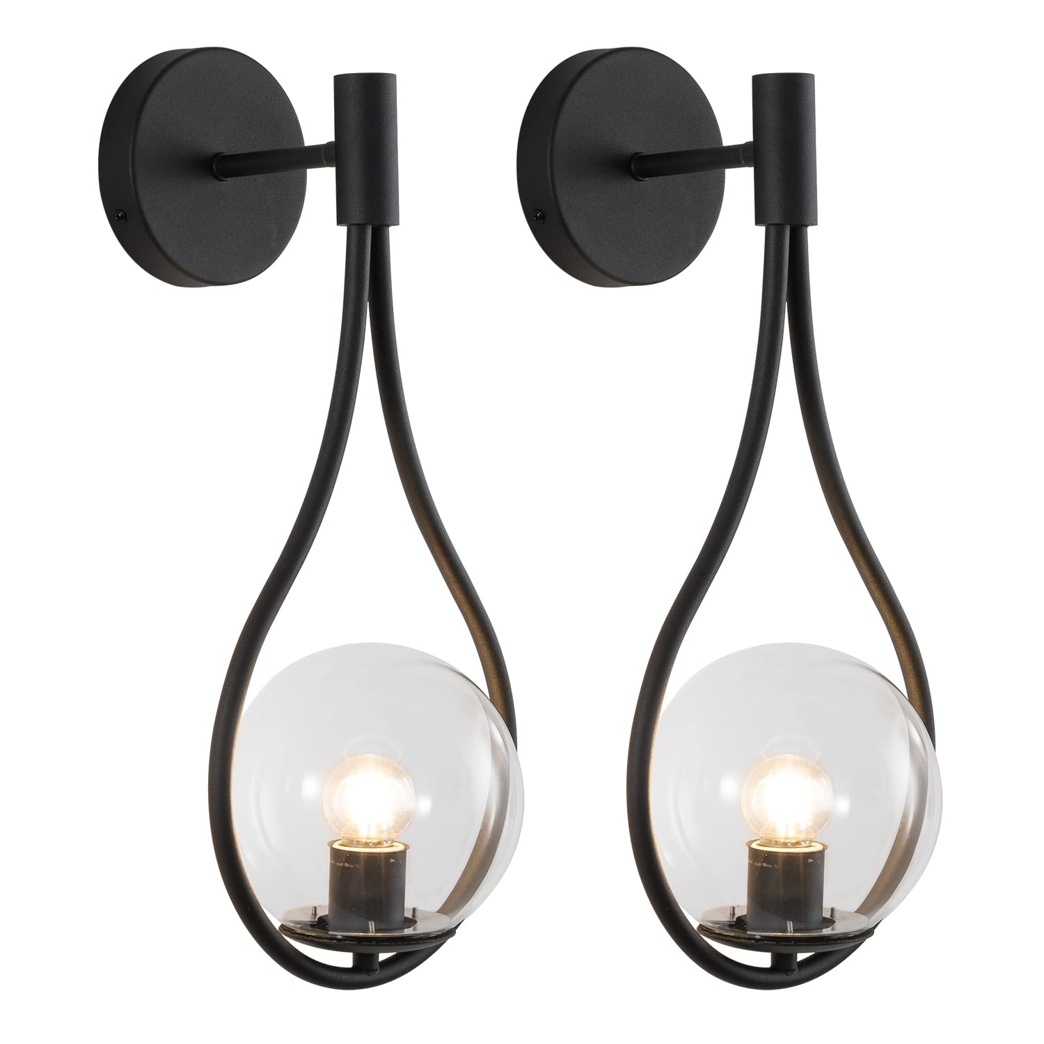 Fulesi Modern Black Glass Wall Sconces 2 Pack - Globe Indoor Wall Mounted Lamp, Vanity Light with Water Drop Design for Bedroom, Bathroom & Living Room - Perfect for Ambient Lighting, Accent Decor and Nighttime Reading