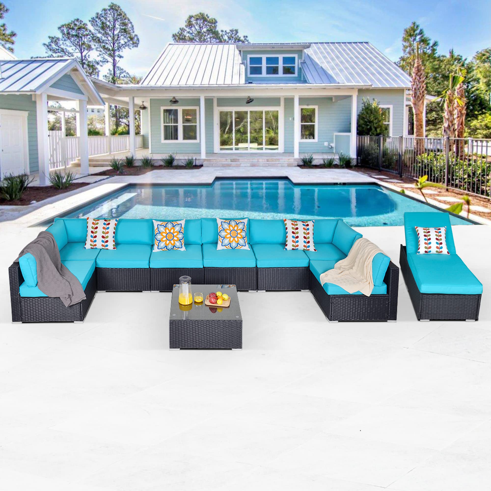 11-Piece All-Weather Wicker Patio Furniture Set with Chaise Lounge Chairs & Coffee Table - Outdoor Sectional Sofa Conversation Set in Blue - Perfect for Backyard, Poolside & Garden Relaxation