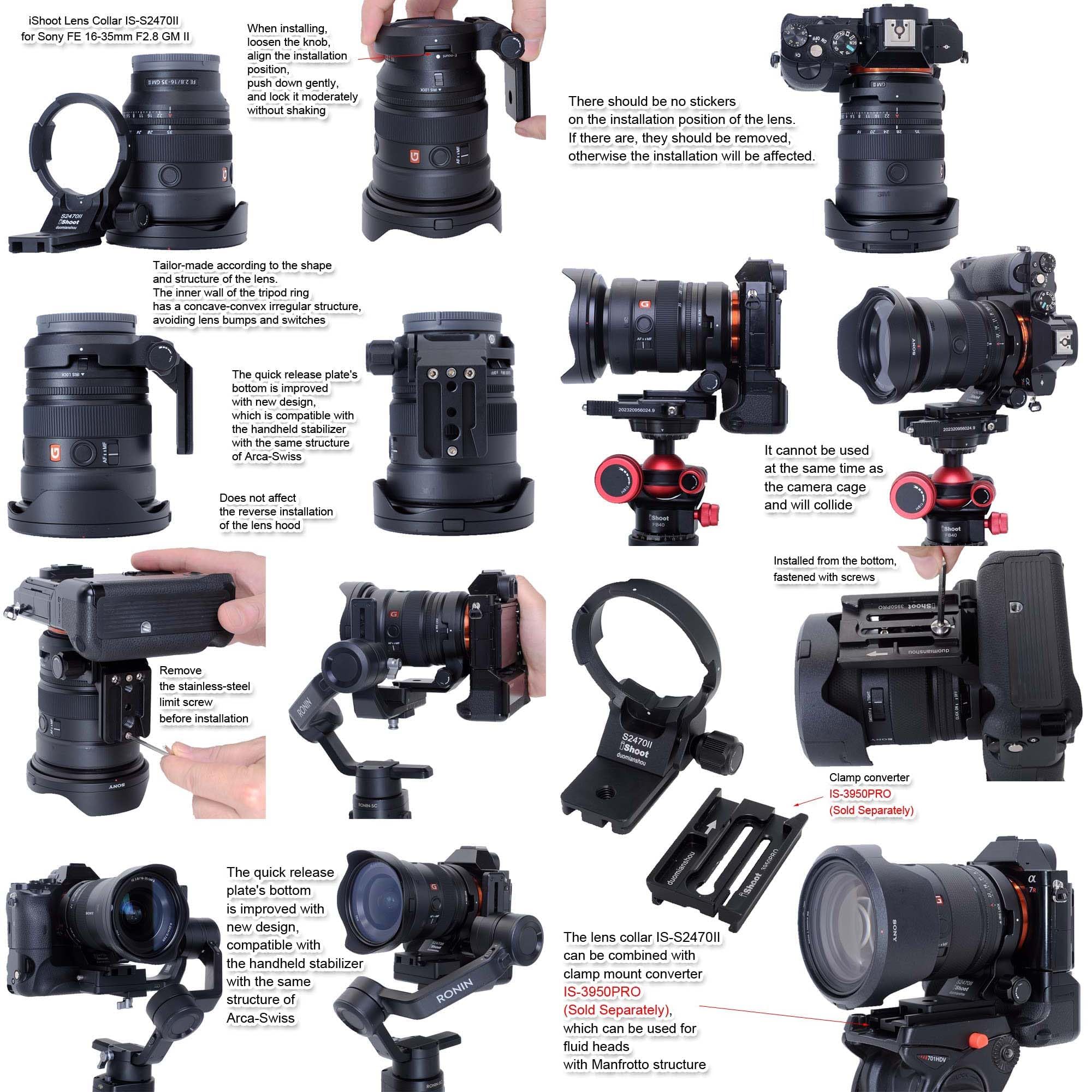 iShoot Tripod Mount Ring Lens Collar for Sony FE 24-70mm f/2.8 GM II, 16-35mm F2.8 GM II & 20-70mm F4 G Lenses - Arca-Swiss Quick Release Plate Compatible with Tripod Heads - Perfect for Landscape, Portrait & Travel Photography