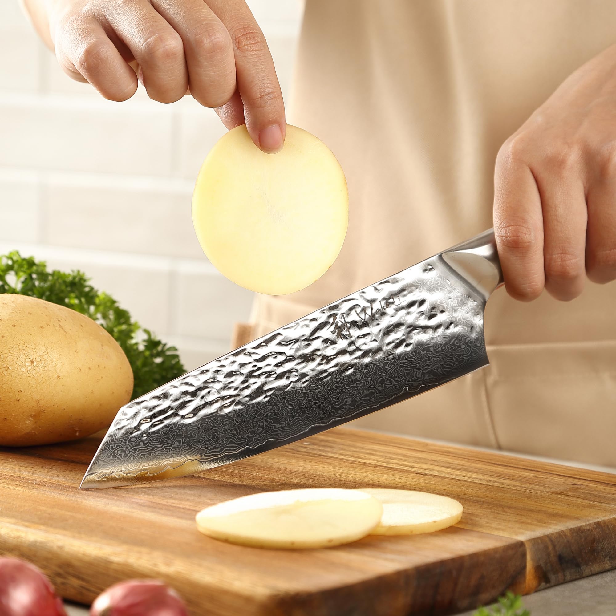 Wakoli 3-Piece Damascus Steel Chef Knife Set - 67-Layer VG10 Core Professional Kitchen Knives with Ergonomic G10 Handles, Gift Box Included (Pearl Blanche) - Perfect for Home Chefs, Cooking Enthusiasts & Gourmet Food Preparation