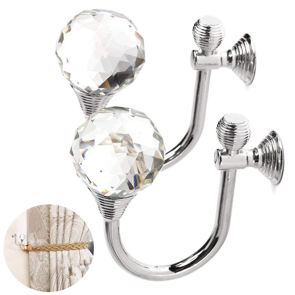 2 Pack Wall Mounted Crystal Curtain Tieback Hooks - Alloy Metal Drapery Holdbacks for Drapes & Sheer Curtains - Elegant Window Decor for Living Room, Bedroom & Home Decor