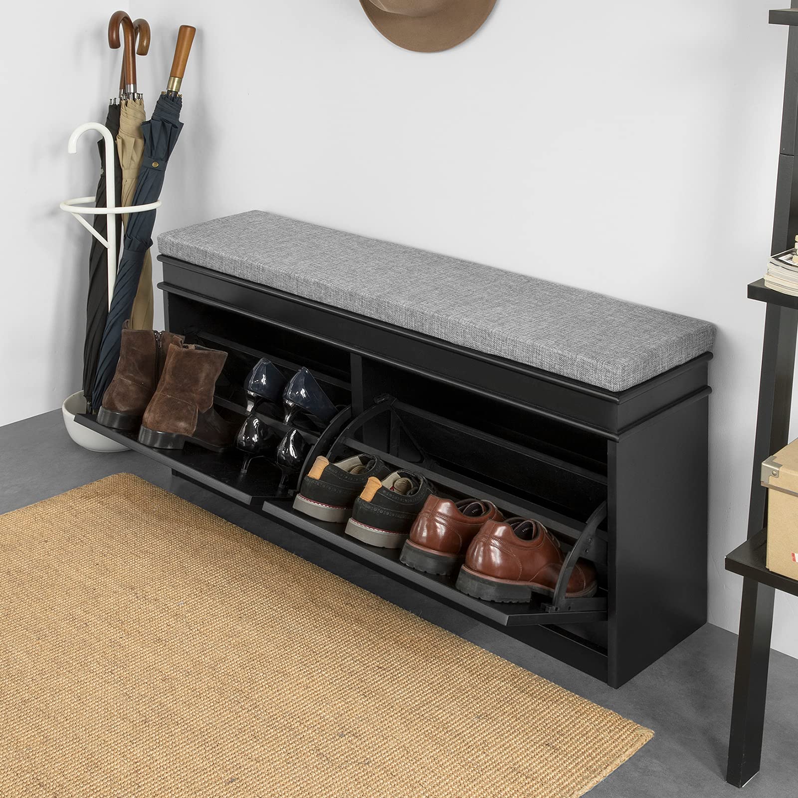SoBuy Black Storage Shoe Bench with 2 Flip Drawers - Hidden Shoe Cabinet & Free Standing Shoe Rack - Hallway Entryway Storage Bench with Seat Cushion (FSR64-SCH) - Perfect for Small Spaces, Mudrooms & Closet Organization