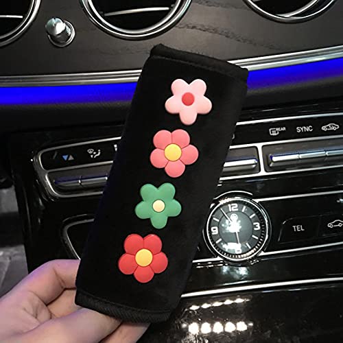 Cute Daisy Flower Car Steering Wheel Cover & Seat Belt Pad - Soft Gear Shift Cover for Women, Girls Auto Interior Accessories | Perfect for Summer Road Trips & Daily Commute