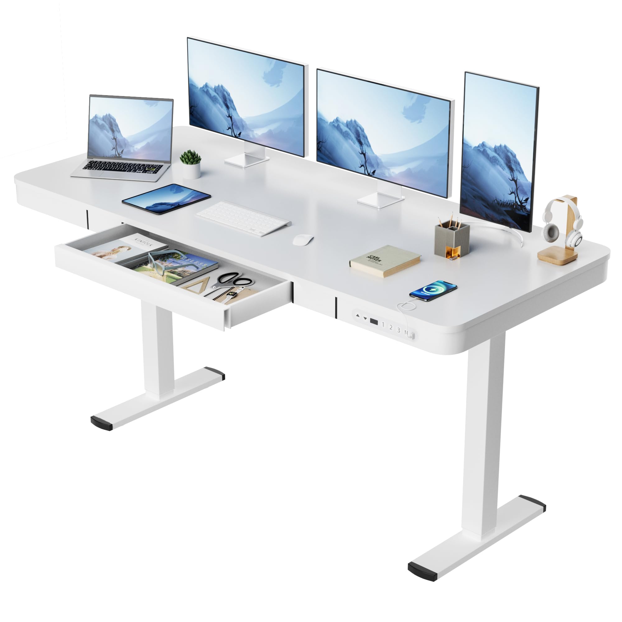 Furmax 55 x 24 Inch Electric Standing Desk with Adjustable Height, USB Ports & Drawer - Ergonomic Home Office Computer Desk for Work from Home & Gaming (White)