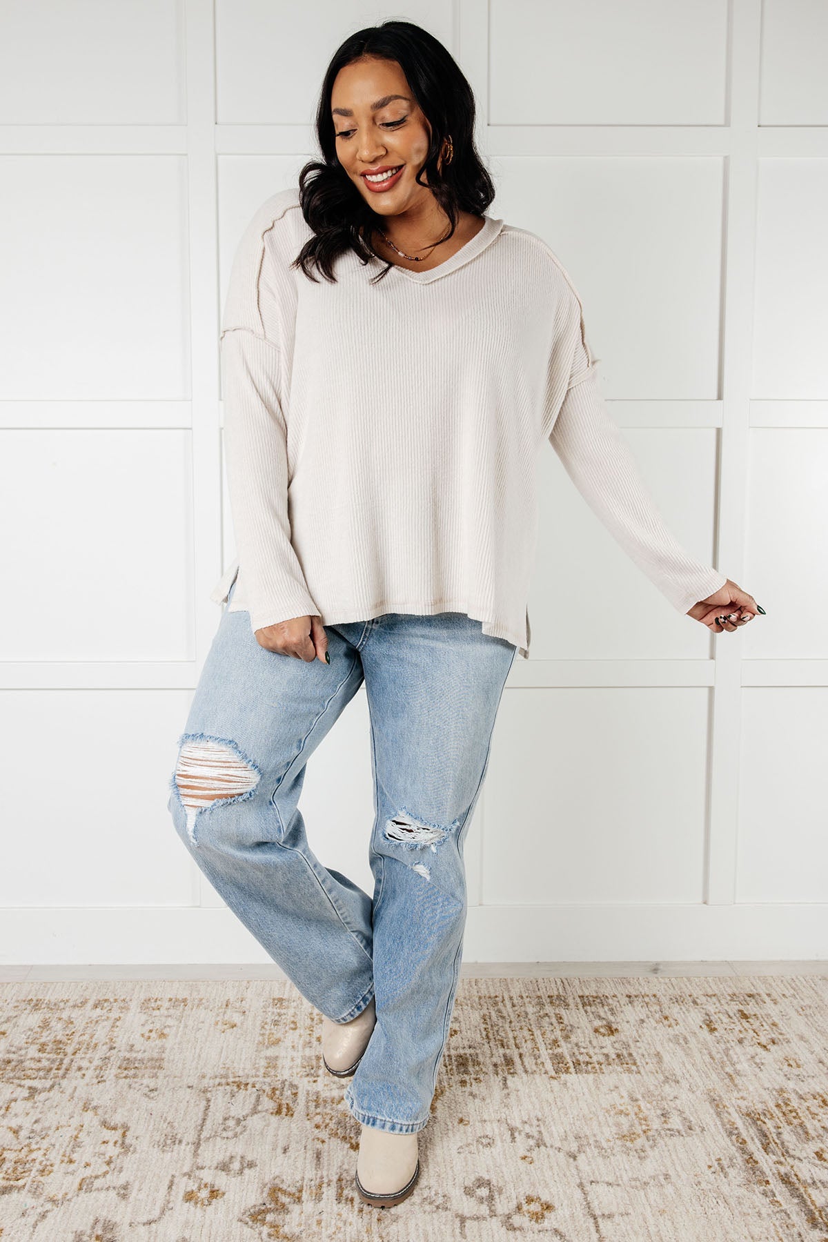 Soft Brushed Hacci Sweater Top in Sand Beige | Cozy Winter Pullover for Women | Perfect for Layering, Office Wear & Casual Outfits