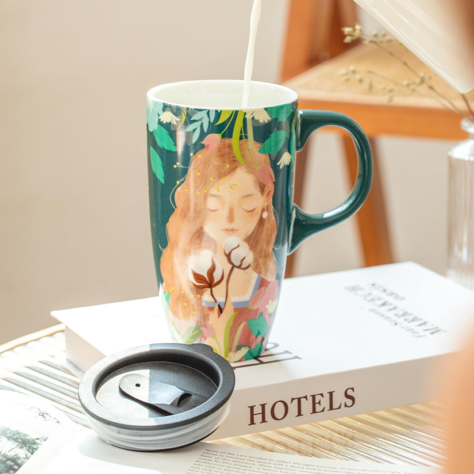 Forest Girl Ceramic Coffee Mug with Lid - Cute Cartoon Painting Design for Tea, Milk & Hot Drinks - Perfect Birthday Gift for Home & Office Use (Green)