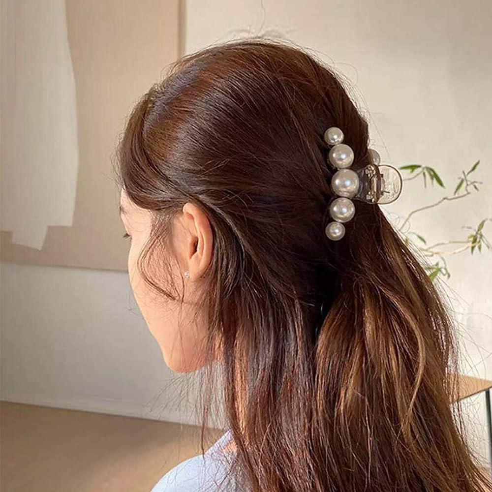 RSJ TRADERS Korean Style 7cm Big Pearl Plastic Hair Claw Clips - 2 Piece Combo, Strong Hold Barrettes for Women (L Size) - Perfect for Thick & Thin Hair Styling, Office & Party Accessories
