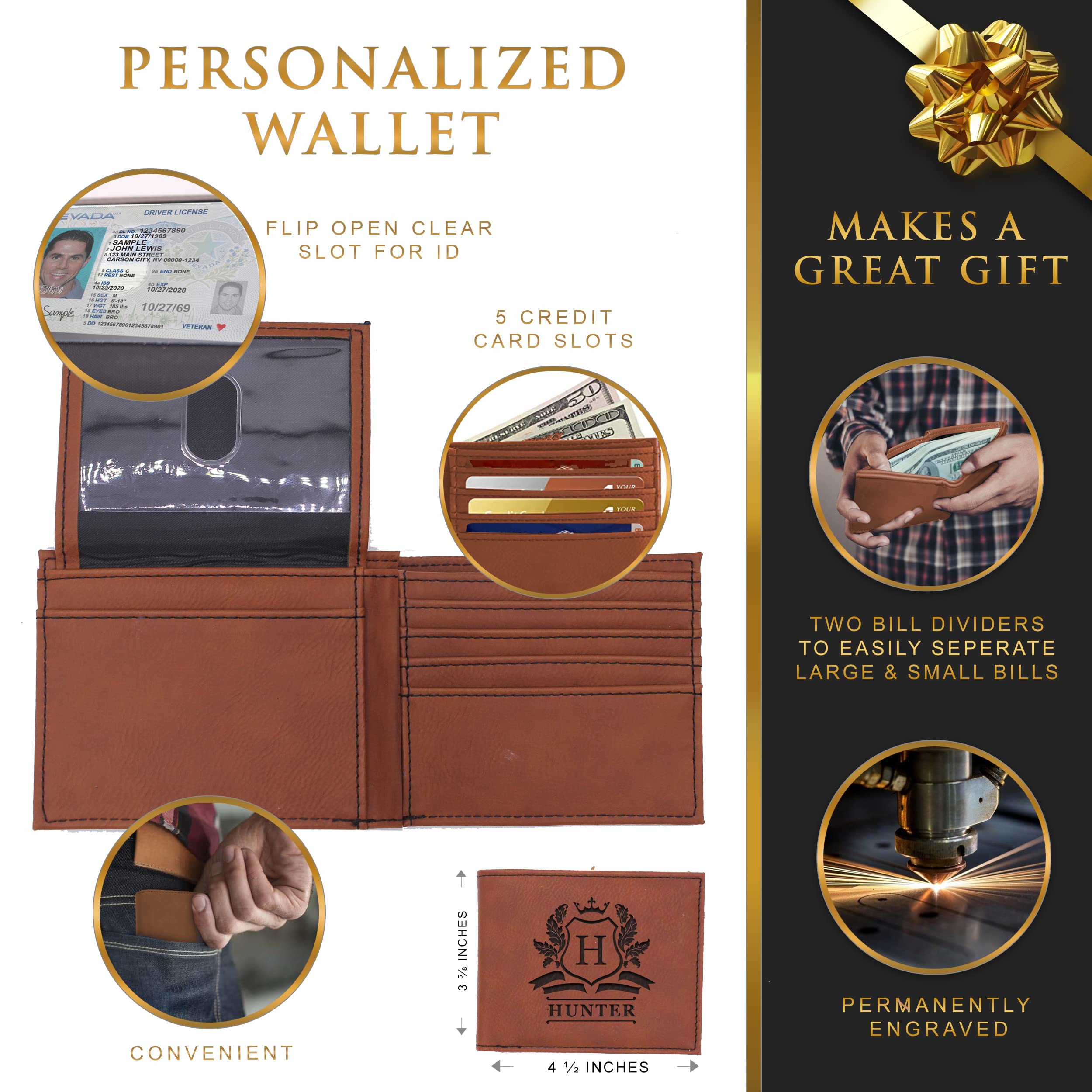 Custom Personalized Men's Bi-Fold Leather Wallet with ID Window - Rust Brown | RFID Blocking | Gift for Dad, Husband | Perfect for Everyday Carry & Travel