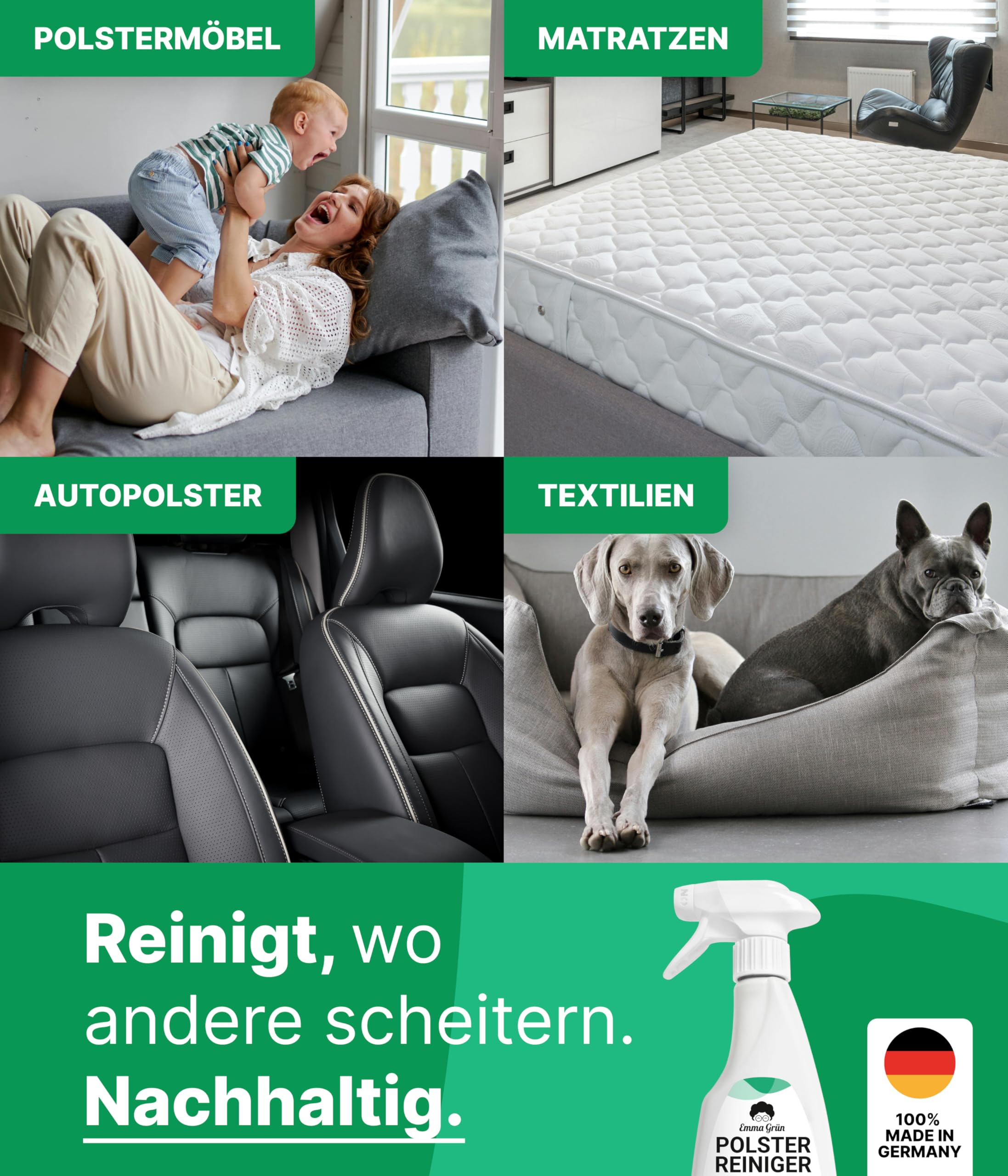 Emma Grün® Upholstery Cleaner for Sofa, Couch & Car Seats 500ml [Includes Upholstery Brush] - Eco-Friendly & Odor Eliminator - Car Interior Cleaner - Made in Germany - Perfect for Deep Cleaning Furniture, Removing Stains & Refreshing Vehicle Upholstery