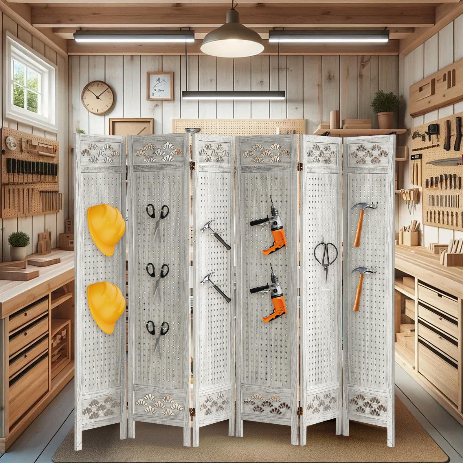 6 Panel Wooden Room Divider with Pegboard & 24 Hooks - Portable Folding Privacy Screen for Craft Shows, Jewelry Displays, Home & Store Organization - Perfect for Bedroom Partition, Retail Displays & Event Booths
