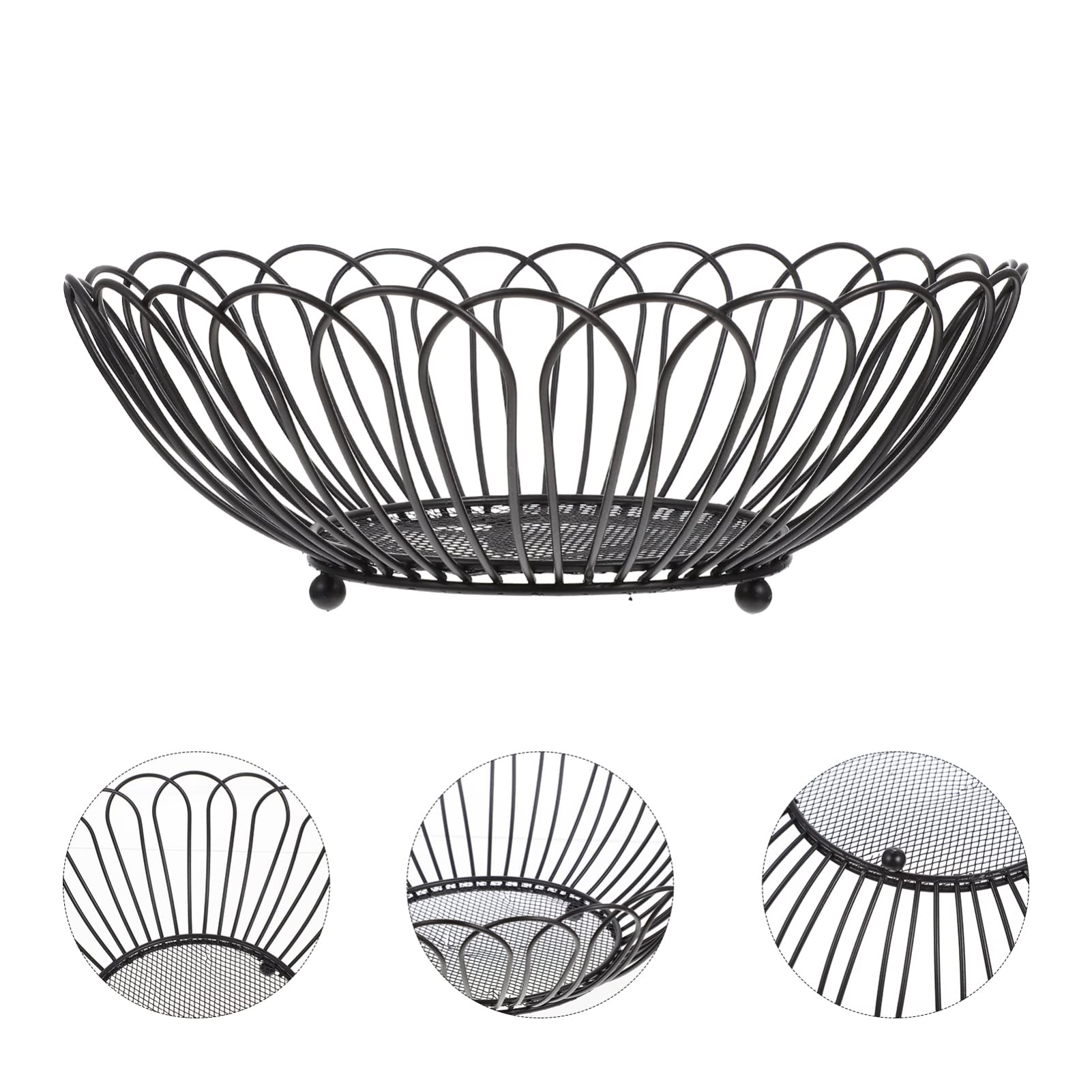 Angoily Round Wire Basket - Metal Fruit & Vegetable Storage Basket, Iron Arts Bread Bowl Stand - Decorative Snacks Holder & Candy Dish for Kitchen Countertop, Dining Room Table - Perfect for Organizing Produce, Displaying Bread, or Serving Snacks at Parties (Black)