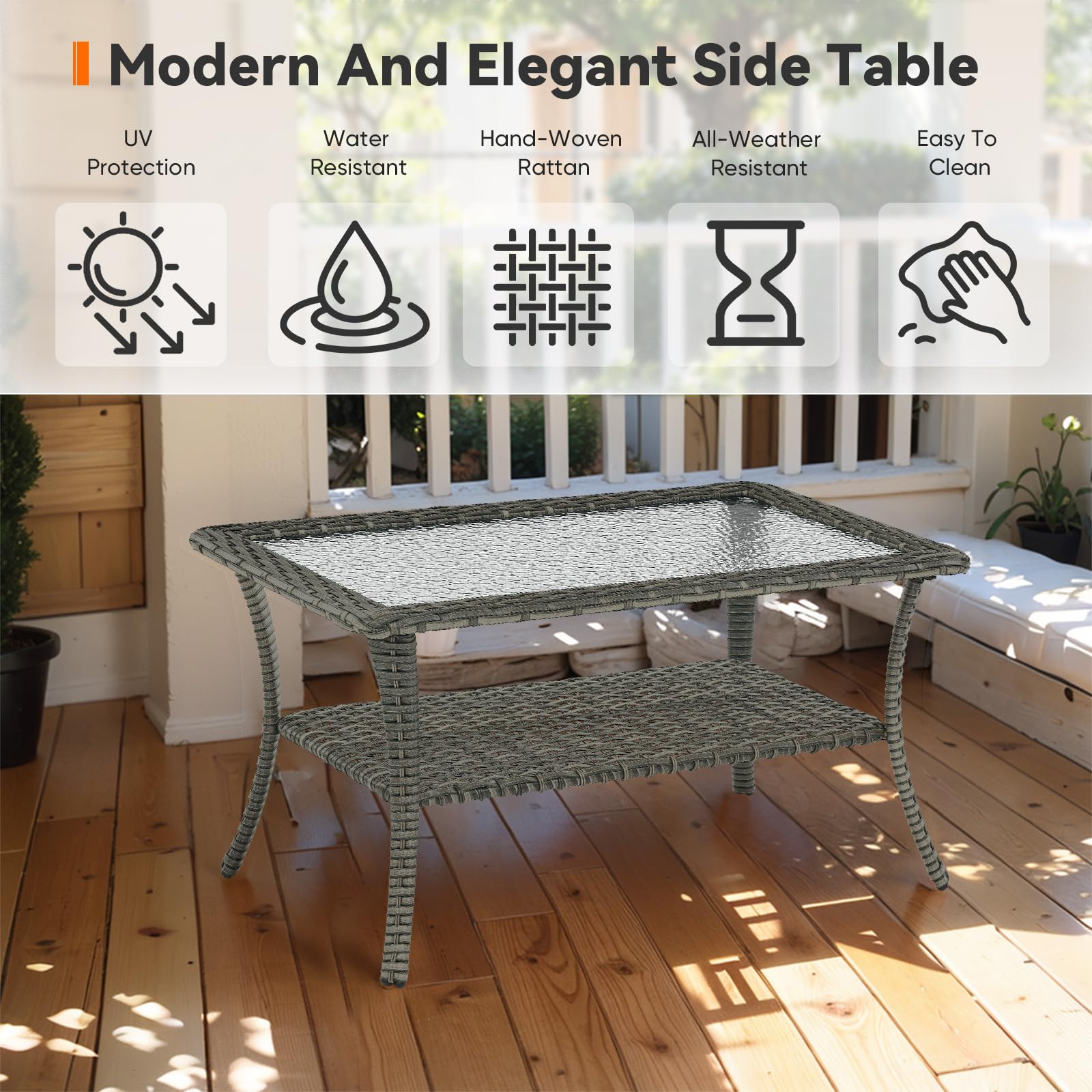 Outdoor Coffee Table - Rattan Wicker Patio Table with Tempered Glass Top & 2-Tier Storage - Weatherproof Furniture for Deck, Porch, Balcony, Garden - Grey - Perfect for Outdoor Relaxation & Entertaining