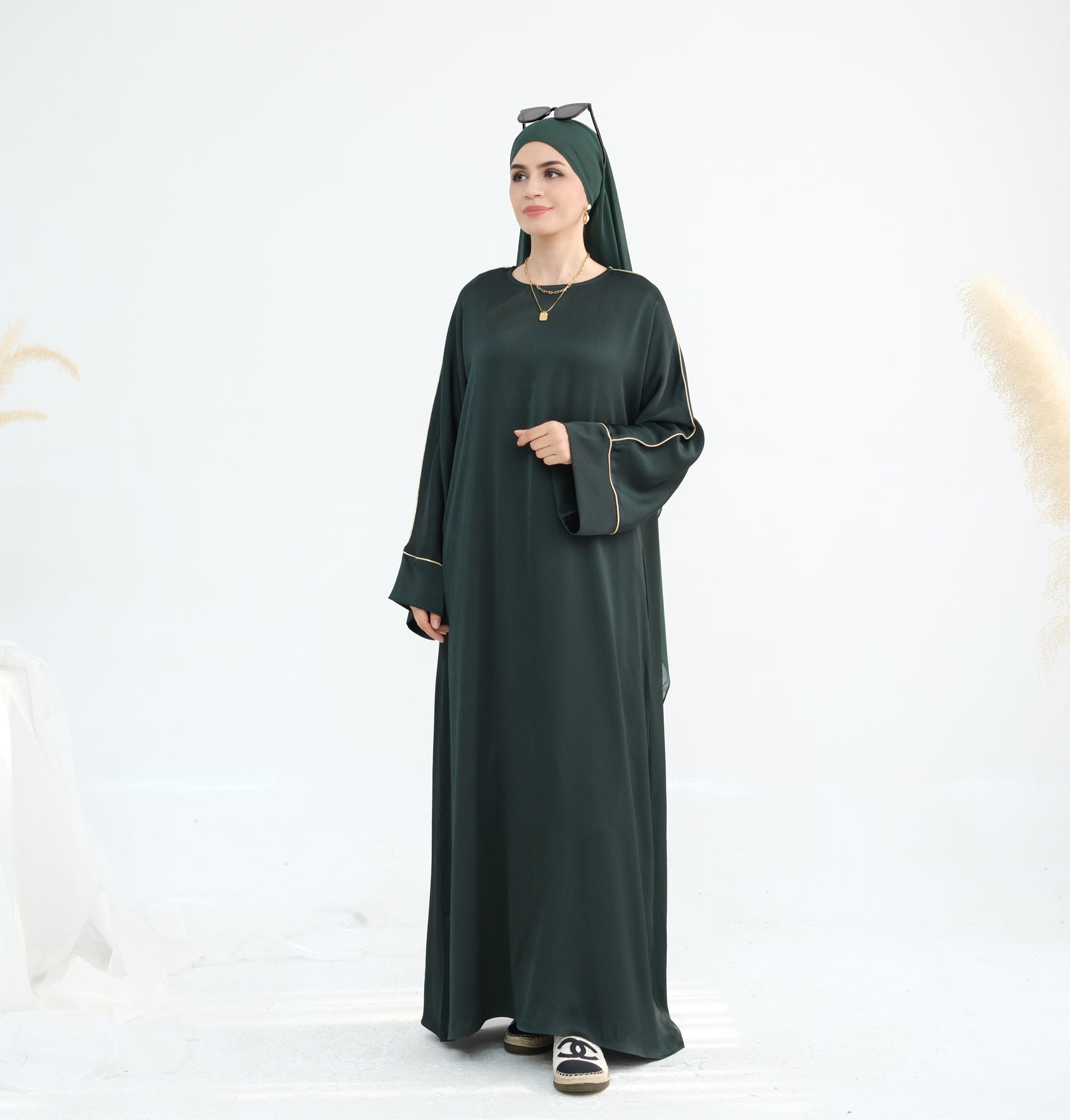 Stylish Ayana Textured Piping Detail Abaya Dress - Green | Modest Islamic Fashion for Women | Perfect for Prayer, Mosque & Special Occasions
