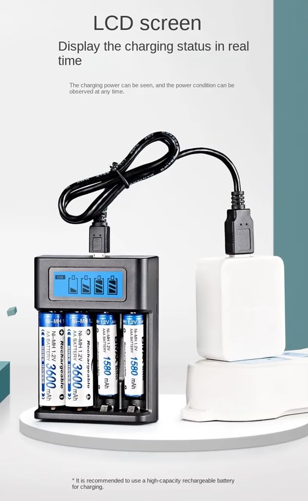 4 Bay Mini USB AA AAA Battery Charger - High Speed LCD Display with Independent Slots for Ni-MH Ni-CD Rechargeable Batteries | Perfect for Home, Office, Travel & Emergency Power Backup