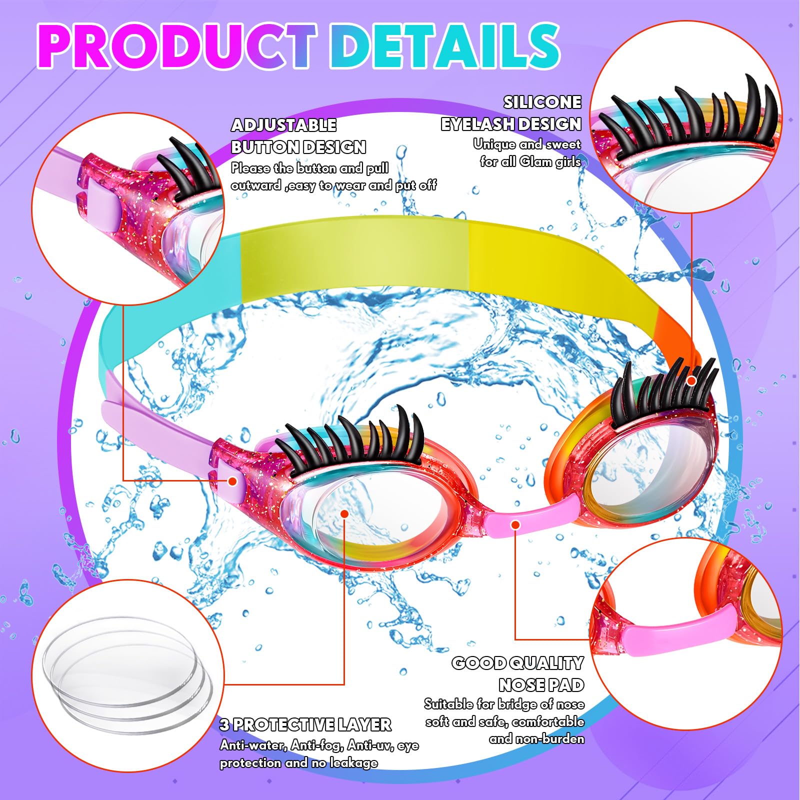 Konohan 2-Pack Kids Swim Goggles with Eyelashes - No Slip, Leak Proof, Anti-Fog & UV Protection for Girls - Perfect for Swimming Lessons, Pool Parties & Lash Extensions