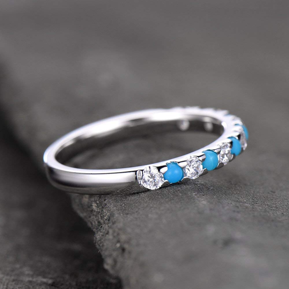 Turquoise Half Eternity Wedding Band - Sterling Silver CZ Diamond Anniversary Ring (White Gold Plated) - Perfect for Bridal Jewelry, Engagement Gift & Matching Wedding Sets