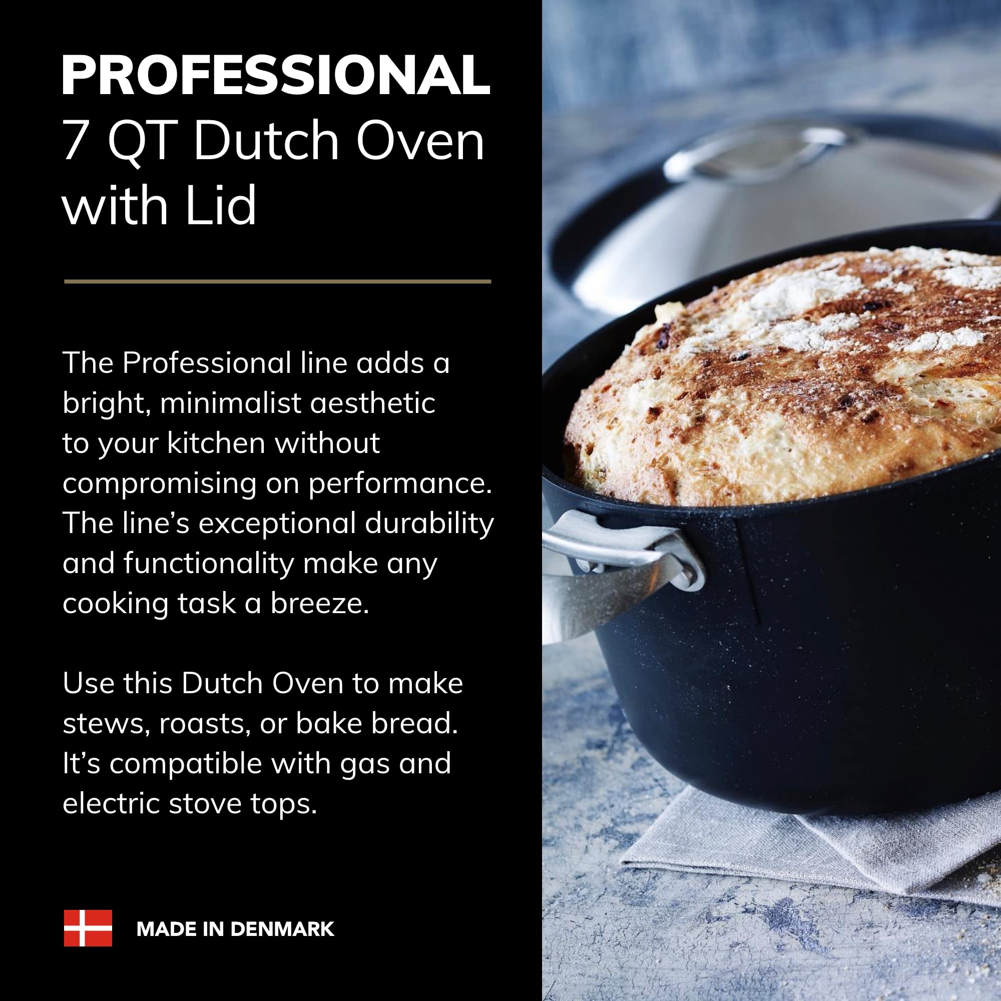 SCANPAN Professional 7 Quart Dutch Oven with Lid - Nonstick Cookware Set for Baking, Roasting & Braising - Oven, Dishwasher & Metal Utensil Safe - Made in Denmark - Perfect for Family Dinners & Holiday Cooking