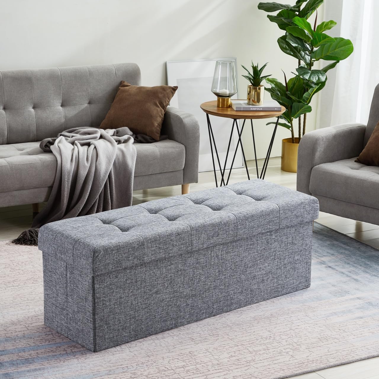 Ornavo Home 45 Inch Folding Storage Ottoman Bench with Removable Top - Large Foot Rest Stool, Storage Chest for Living Room, Bedroom & Entryway (Gray)