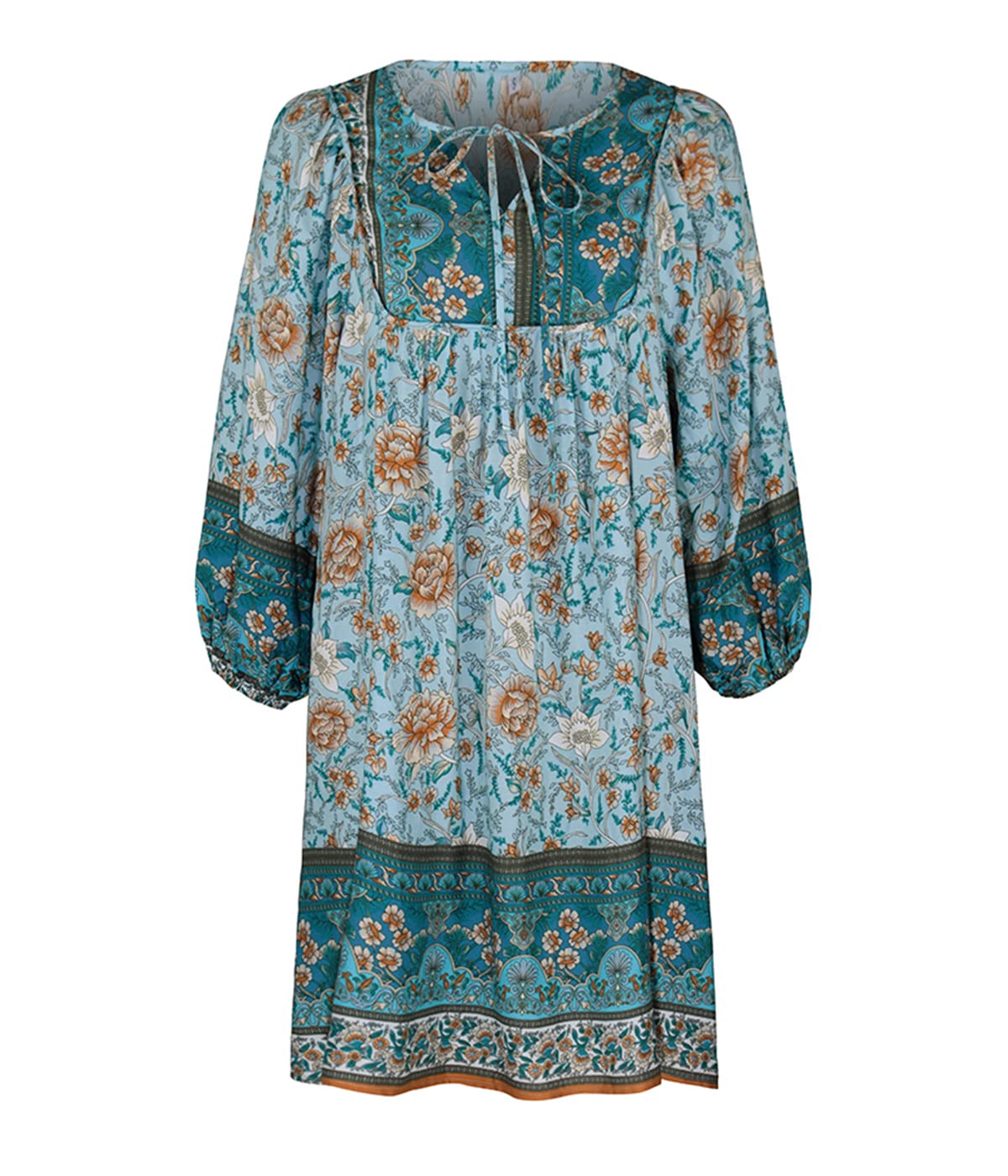 Floral Print V-Neck A-Line Mini Dress for Women - Long Sleeve Boho Summer Dress in Blue (X-Large) | Perfect for Spring Outings, Beach Vacations & Date Nights