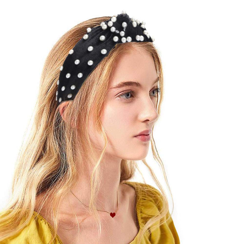 2PCS Women's Fashion Headbands - Etercycle Bow Knotted Wide Elastic Hair Bands for Yoga, Workouts & Daily Wear (Black & Black Pearl) - Comfortable Non-Slip Hair Accessories for Women & Girls