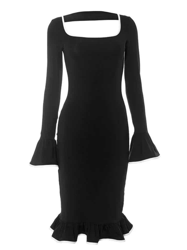 Elegant Black Hollow Backless Pencil Dress - French Style Sexy Ruffle Flare Sleeve Midi Dress for Women 2023 | Perfect for Cocktail Parties, Date Nights & Formal Events | C85 CC30