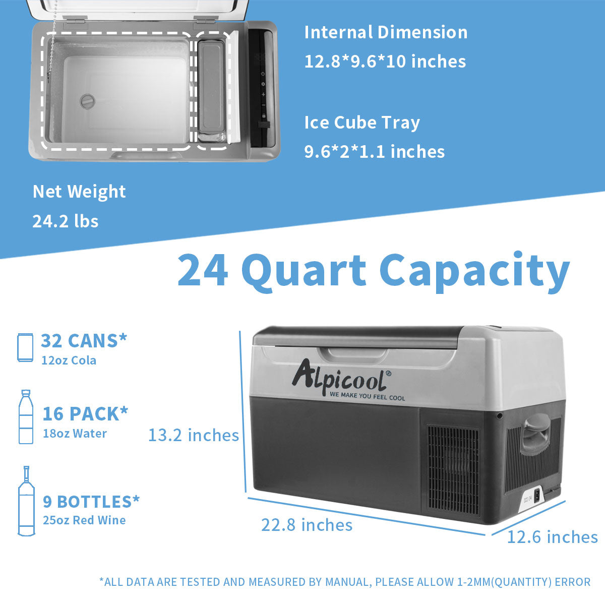 Alpicool G22 12V Portable Car Refrigerator with Ice Tray - Compact Freezer for Road Trips, Camping & Outdoor Adventures