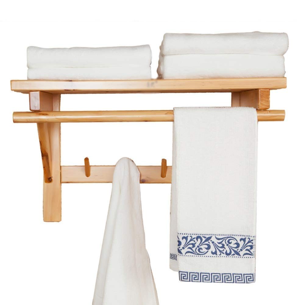 Solid Wood Bathroom Shelves - Shower Organizer with Hanging Rod & Hooks, Wall-Mounted Towel Rack for Bathroom & Toilet (3 Sizes: 50cm, 60cm) - Perfect for Small Spaces, Minimalist Home Decor & Spa-Like Bathroom Organization