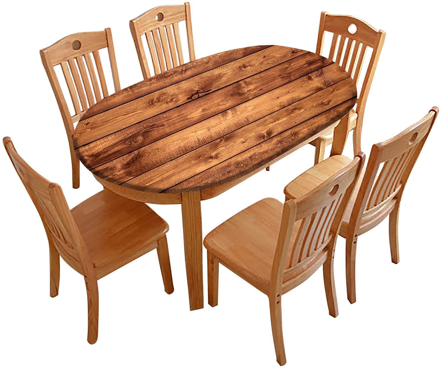 Farmhouse Style Wood Grain Elastic Edge Table Cover - Fitted Oval Tablecloth for Outdoor Picnic, Patio Party & Indoor Dining - Fits Tables Up to 42