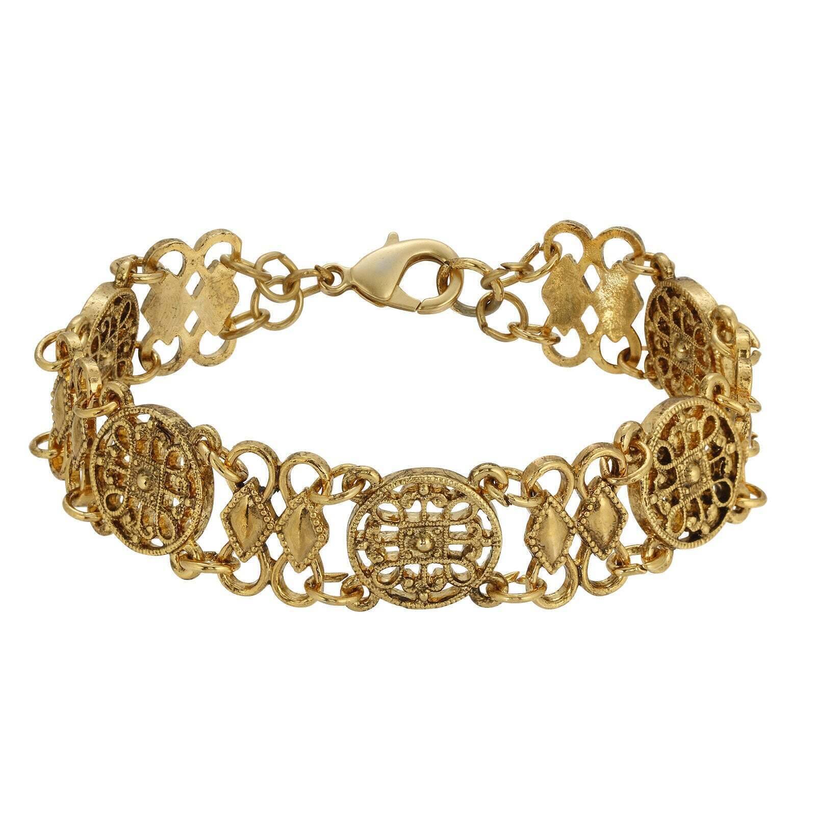 1928 Jewelry Meso Round Intricate Filigree Link Bracelet - Vintage Inspired Silver Tone Chain Bracelet for Women - Perfect for Weddings, Parties & Special Occasions