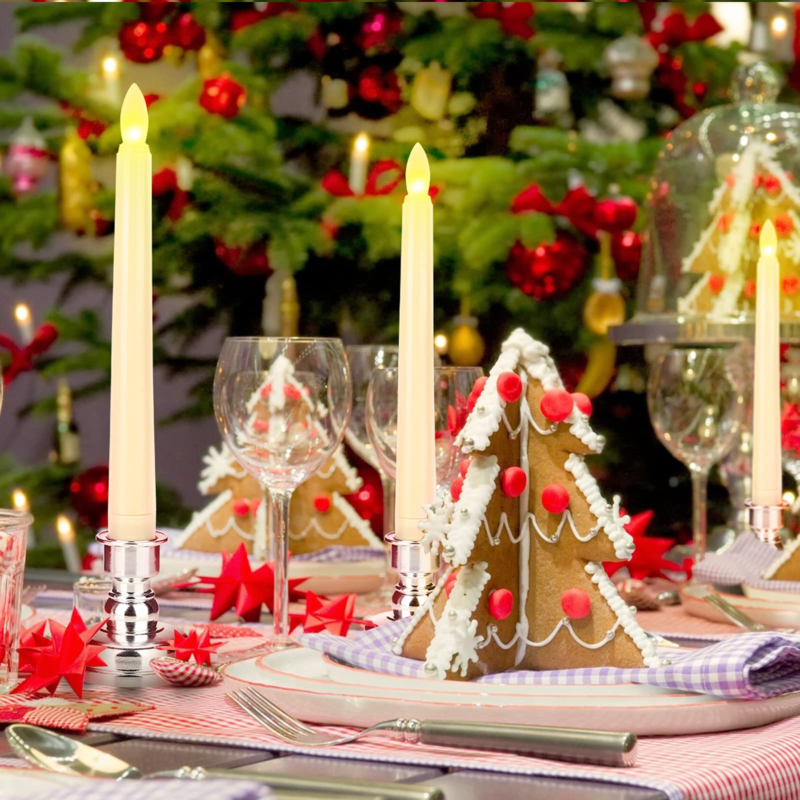 LED Flameless Taper Candles with Remote & Timer - Battery Operated Flickering Warm White Light - Christmas Wedding Party Holiday Decor - Window Table Centerpiece Decorations (9 Pack, Ivory + Silver Holder) - Perfect for Christmas Mantel, Dining Table, Wedding Centerpieces and Holiday Home Decor