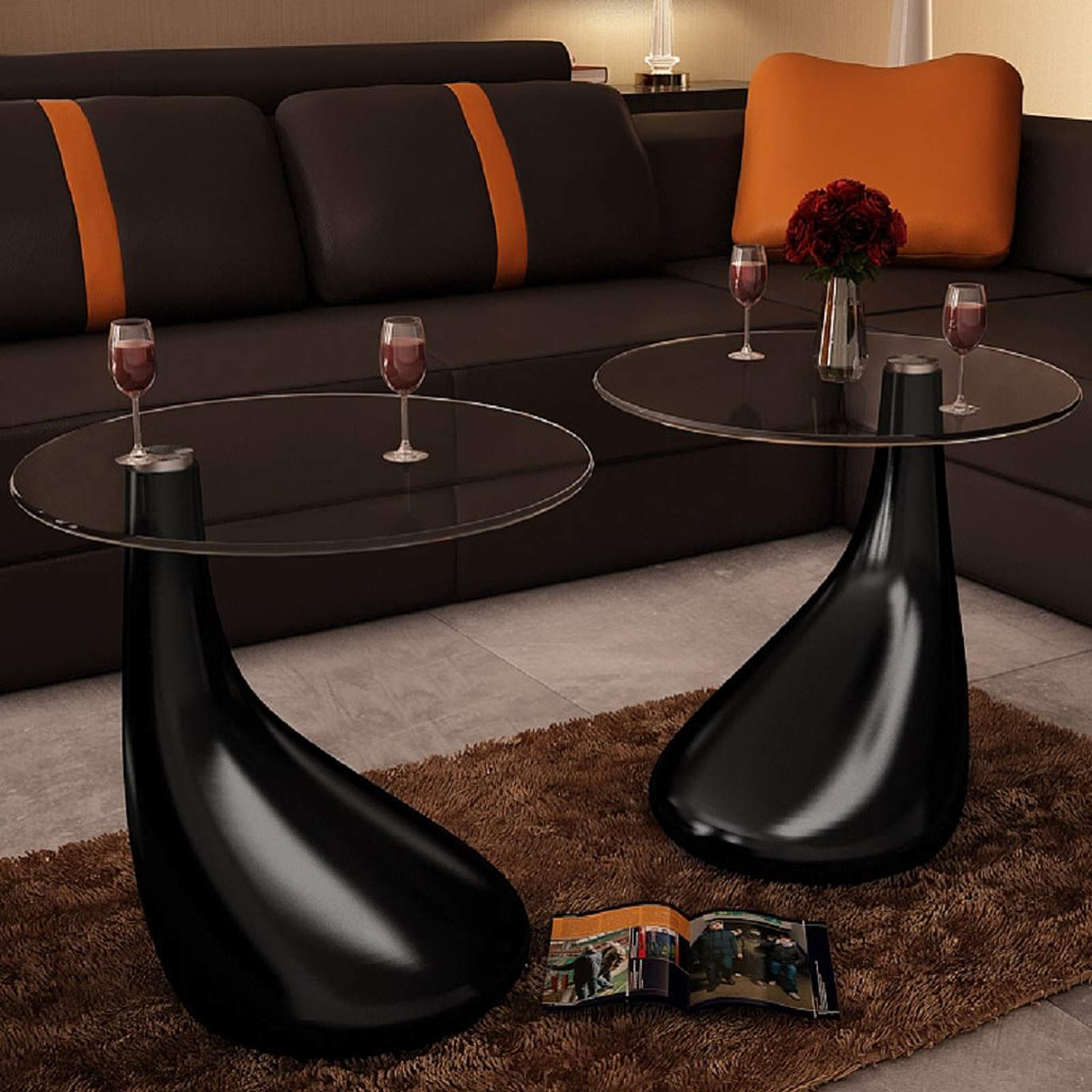 2-Piece Mogou Coffee Table Set with Round Glass Tops - High Gloss Black Finish - Modern Living Room & Office Furniture - Perfect for Home Decor, Entertaining Guests, and Small Space Solutions