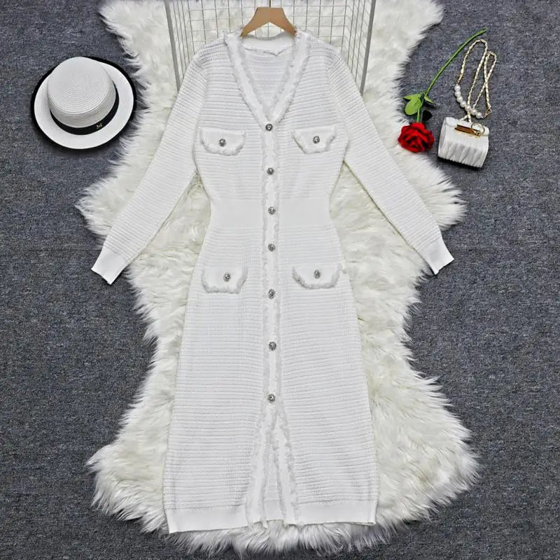 Autumn 2024 Women's Fashion White V-Neck Long Sleeve Single Breasted Knit Dress - Elegant Office Wear for Work & Formal Occasions