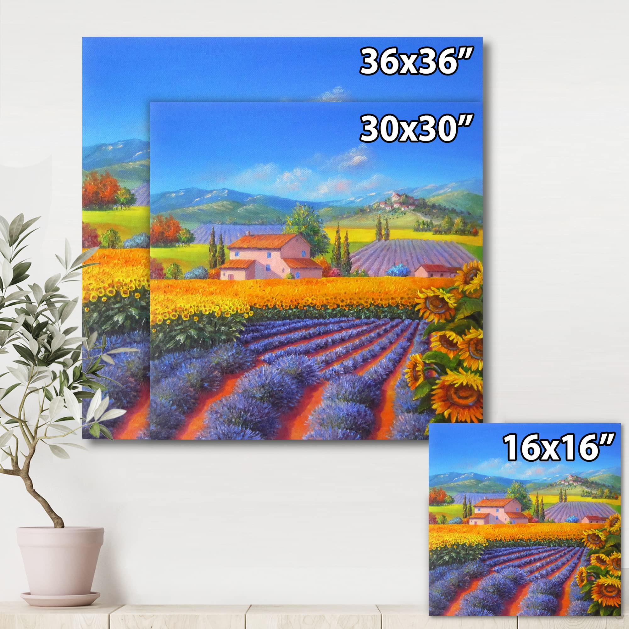 DesignQ Lavender and Sunflower Fields Traditional Canvas Wall Art - 30x30 Inches Yellow Floral Painting - Perfect for Living Room, Bedroom & Office Decor