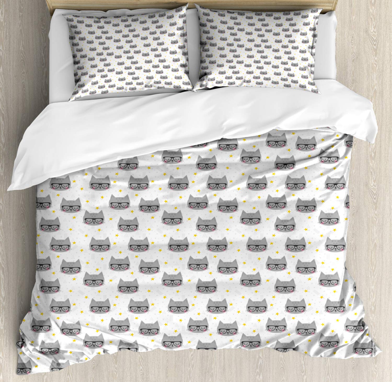 Ambesonne Cat Duvet Cover Set - 2 Pack California King Size, Hipster Cats with Glasses & Sleeping Stars Geometric Design, Yellow White Grey - Includes 2 Duvet Covers & 4 Pillowcases - Perfect for Cat Lovers' Bedroom Decor, Birthday Gifts & Unique Home Styling