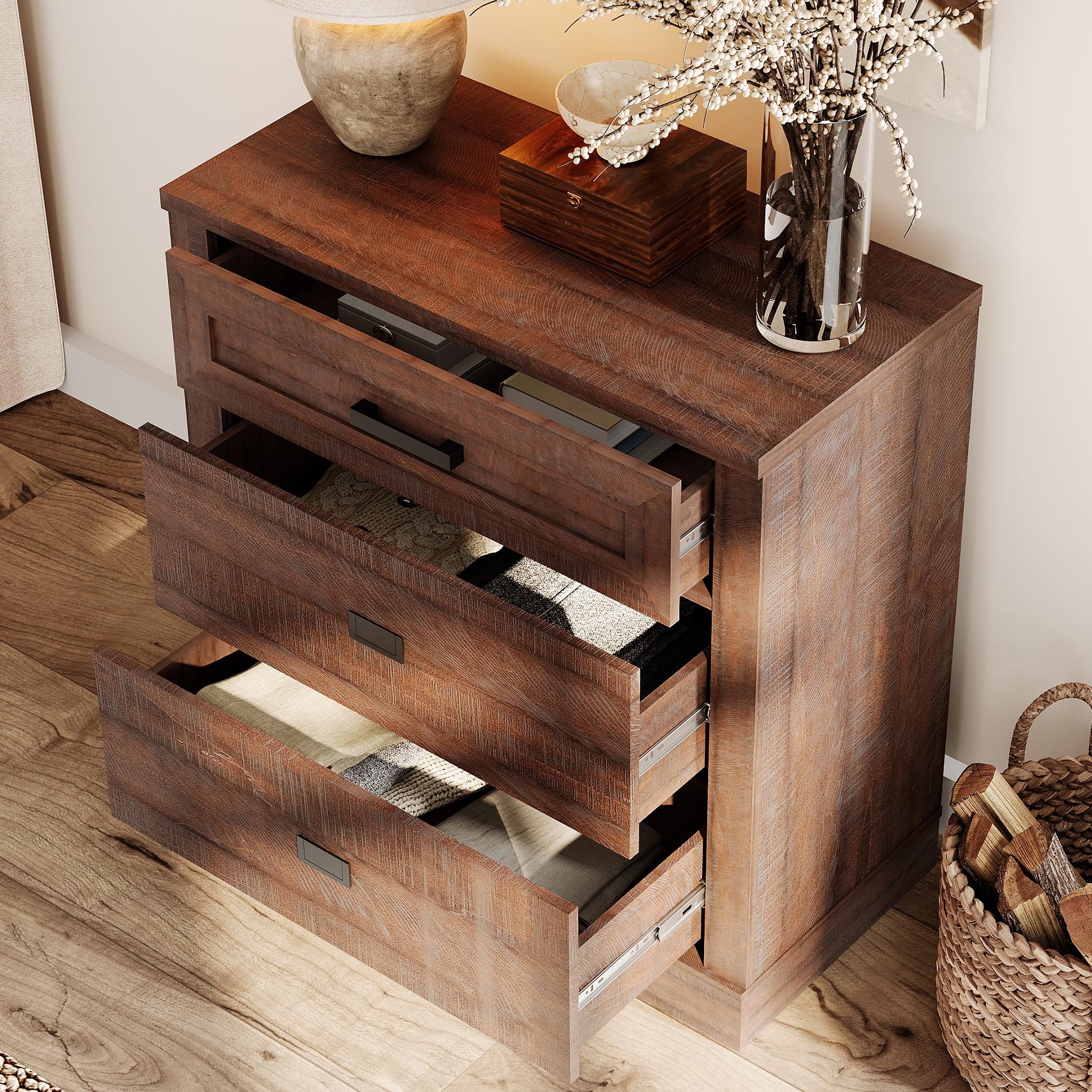 WAMPAT 3-Drawer Kids Dresser - Modern Farmhouse Wooden Chest for Nursery, Bedroom & Hallway Storage - Rustic Brown Organizer for Clothes, Toys & Essentials | Perfect for Small Spaces & Home Decor