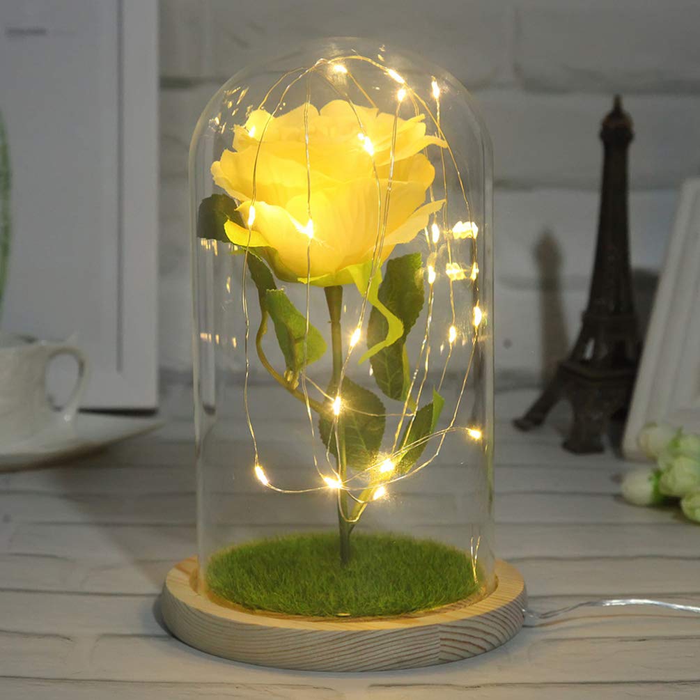 Uonlytech LED Rose Flower Light - Artificial Rose in Glass Dome, Enchanted Floral Night Light for Valentine's Day, Anniversary, Wedding, Home Decor (1Pcs, Yellow) - Perfect for Romantic Gifts, Bedroom Ambiance & Tabletop Decoration