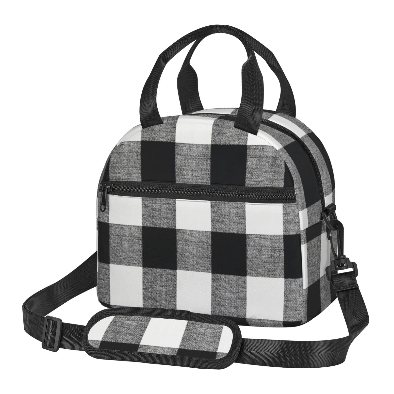 Plaid Farmhouse Black Buffalo Large Insulated Lunch Box for Women & Men - Durable Lightweight Tote Bag with Adjustable Shoulder Strap for Office, Work, School & Picnics